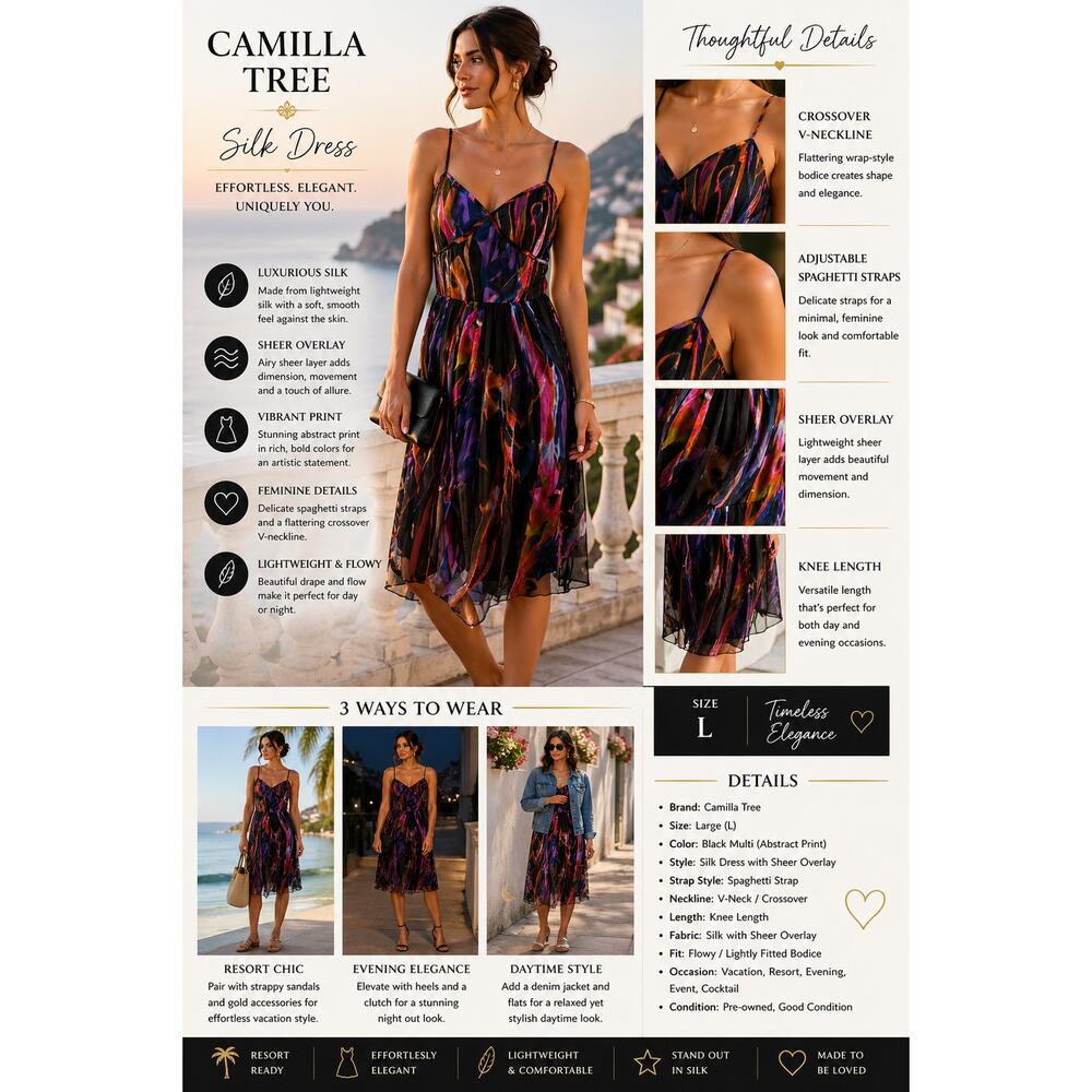 Camilla Tree Silk Dress Knee Length Sheer SZL Black Multi Spaghetti Strap